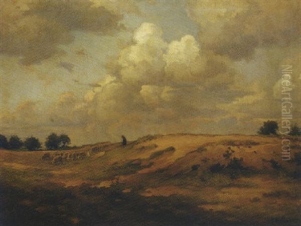 Onweerswolk, Blaricum: Leading The Flock Over The Heath Oil Painting by Johan Ernst Baeumer