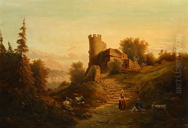 Chevrier Et Fille Dans Un Paysage Avec Ruine Oil Painting by Herman Baumgarten