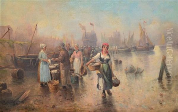 Fish Market Scene Oil Painting by Adolf Baumgartner Jr.