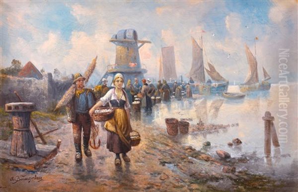 Oyster Gatherers Oil Painting by Adolf Baumgartner Jr.