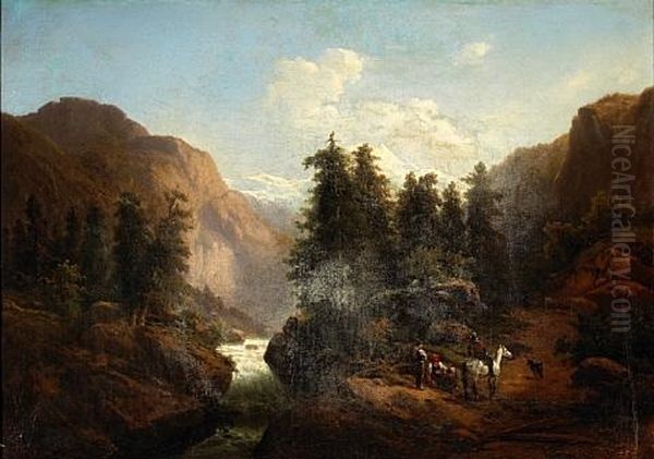 Travelers At Rest In An Alpine Landscape Oil Painting by Henri Baumgartner