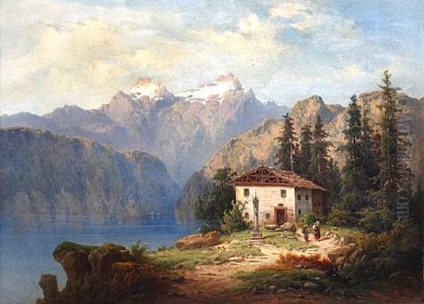 Alpine Lake Landscape With Figures Before A Cottage On A Bank Oil Painting by Henri Baumgartner