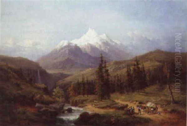 Travellers On A Track In An Alpine Valley With Mountains Beyond Oil Painting by Henri Baumgartner