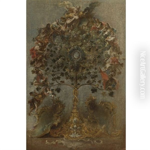 Design For A Monstrance With Grape Vines, God The Father And Other Figures Oil Painting by Johann Wolfgang Baumgartner