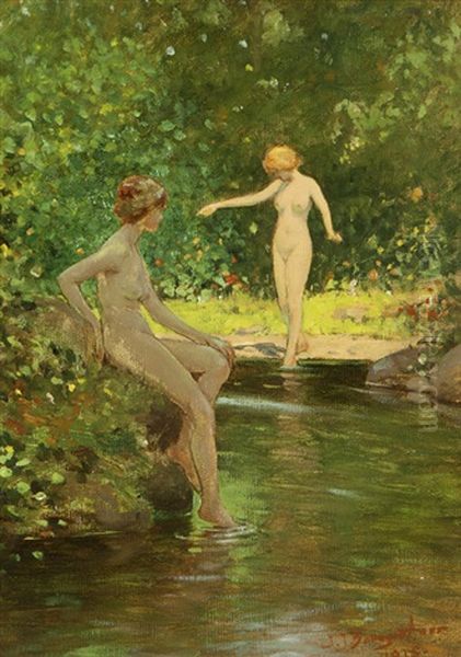 Two Nudes Dipping Their Feet In A Pond Oil Painting by John Jay Baumgartner