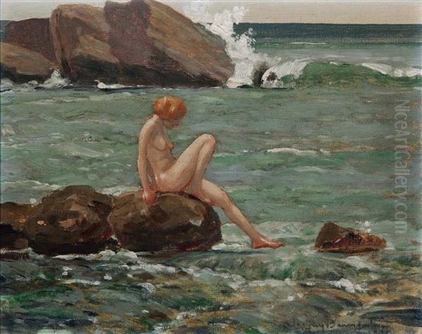 Nude Seated On Rocks In Ocean Landscape Oil Painting by John Jay Baumgartner