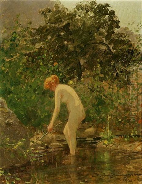 Nude Standing In A Wooded Pool Oil Painting by John Jay Baumgartner