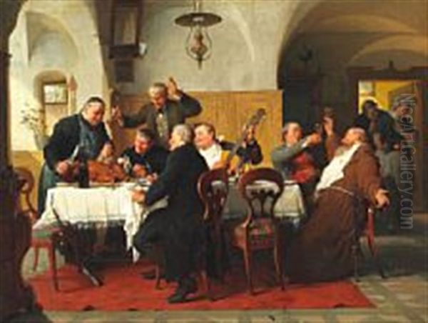 Interior From An Inn With Festive Men Oil Painting by Peter Baumgartner