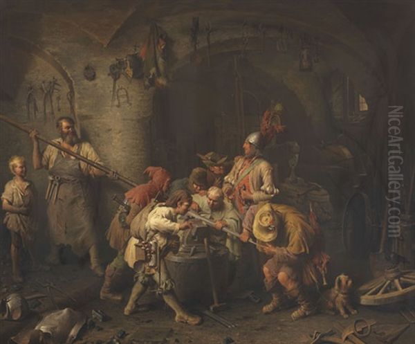 Die Sieben Schwaben In Der Schmiede Beim Prufen Ihres Spieses Oil Painting by Peter Baumgartner