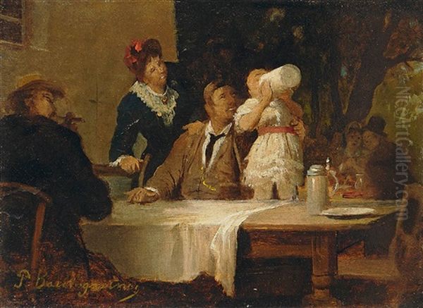 Der Erste Schluck Bier: Familie Im Biergarten Oil Painting by Peter Baumgartner