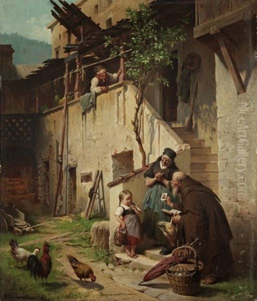 Franziskaner Einem Kleinen Madchen Andachtsbildchen Schenkend. Verlegen Reagierend Wird Es Von Seinen Grosseltern Beobachtet Oil Painting by Peter Baumgartner