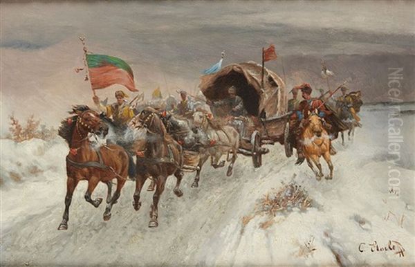 Chariot Attele Dans Un Paysage Enneige Oil Painting by Adolf (Constantin) Baumgartner-Stoiloff