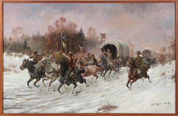 Riding Cossacks With Carriage In Snowy Landscape Oil Painting by Adolf (Constantin) Baumgartner-Stoiloff