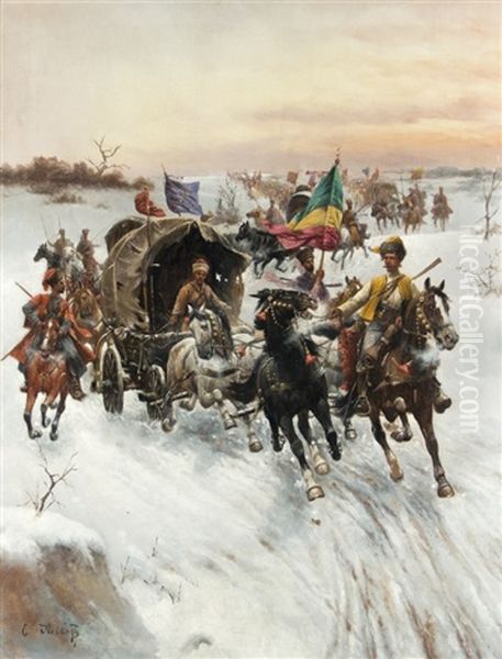 Gold Transport In Siberia Oil Painting by Adolf (Constantin) Baumgartner-Stoiloff