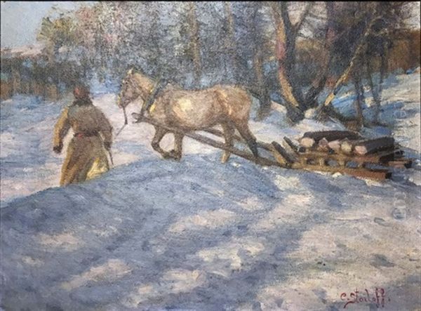 Winter Scene Oil Painting by Adolf (Constantin) Baumgartner-Stoiloff