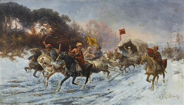 A Siberian Gold Convoy Oil Painting by Adolf (Constantin) Baumgartner-Stoiloff