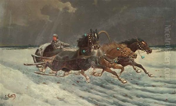 Pferdeschlitten In Winterlicher Landschaft by Adolf (Constantin) Baumgartner-Stoiloff