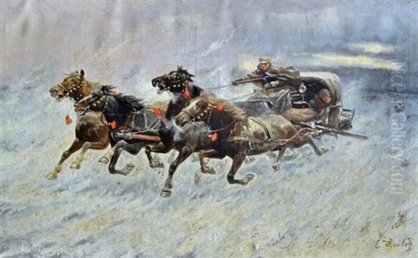 Troika In Winter Being Pursued By Wolves Oil Painting by Adolf (Constantin) Baumgartner-Stoiloff