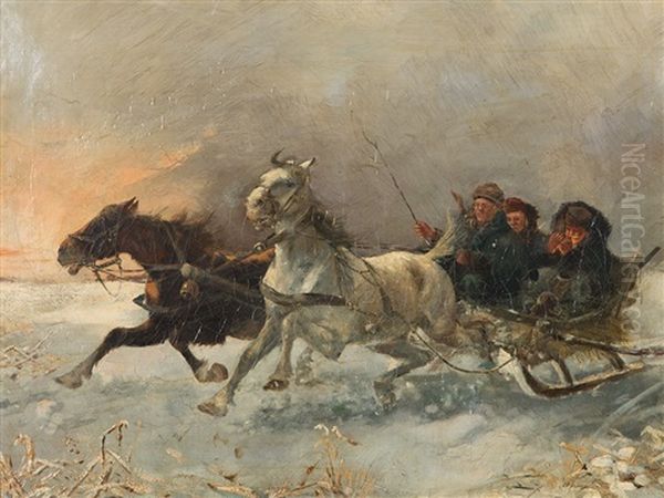 Sleigh Ride Oil Painting by Adolf (Constantin) Baumgartner-Stoiloff