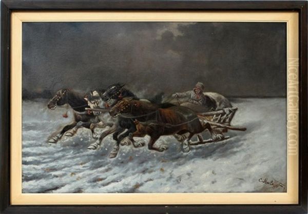 Troika In The Snow Oil Painting by Adolf (Constantin) Baumgartner-Stoiloff