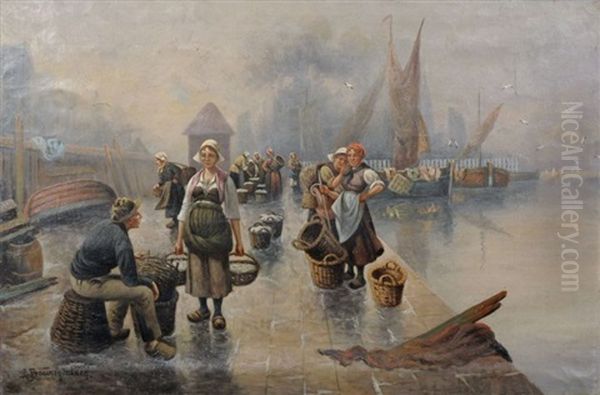 Auf Dem Fischmarkt Am Hafen Oil Painting by Adolf (Constantin) Baumgartner-Stoiloff