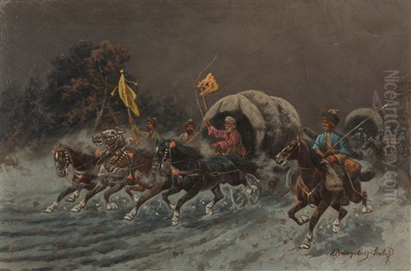 Sibirischer Reiterzug In Vollem Galopp Oil Painting by Adolf (Constantin) Baumgartner-Stoiloff