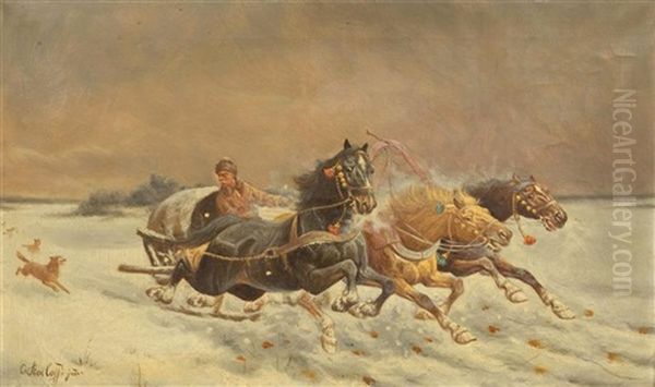 Horse-drawn Sleigh In A Winter Landscape Oil Painting by Adolf (Constantin) Baumgartner-Stoiloff