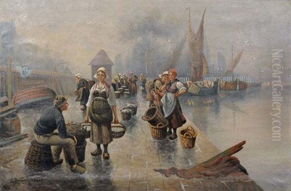 Auf Dem Fischmarkt Am Hafen Oil Painting by Adolf (Constantin) Baumgartner-Stoiloff