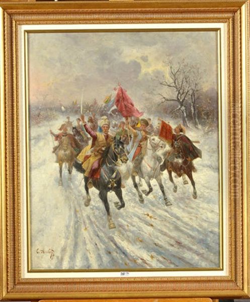 La Charge De La Cavalerie Cosaque Oil Painting by Adolf (Constantin) Baumgartner-Stoiloff