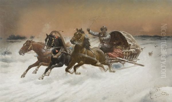 Running From The Wolves Oil Painting by Adolf (Constantin) Baumgartner-Stoiloff