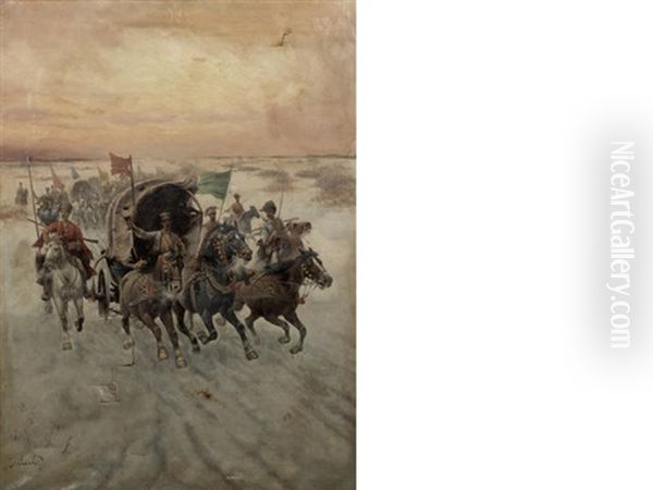 A Siberian Gold Convoy Oil Painting by Adolf (Constantin) Baumgartner-Stoiloff