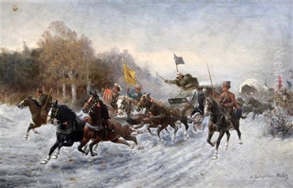 Cossacks And Carriages In A Winter Landscape Oil Painting by Adolf (Constantin) Baumgartner-Stoiloff