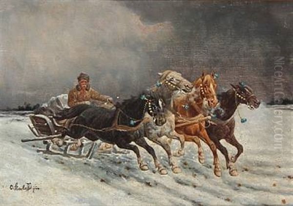 Sledding In A Winter Landscape Oil Painting by Adolf (Constantin) Baumgartner-Stoiloff