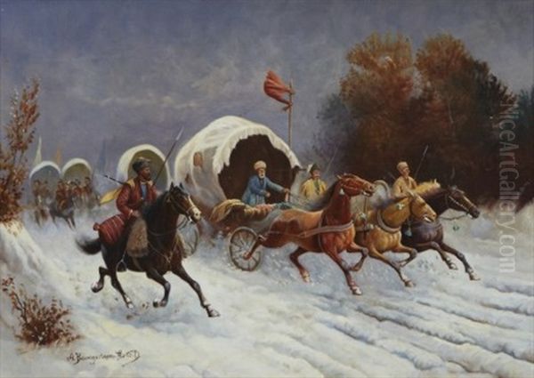 A Siberian Gold Convoy Oil Painting by Adolf (Constantin) Baumgartner-Stoiloff