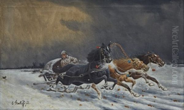 Sleighride Oil Painting by Adolf (Constantin) Baumgartner-Stoiloff