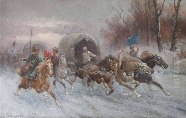 Convoi De Cosaques A Cheval Oil Painting by Adolf (Constantin) Baumgartner-Stoiloff