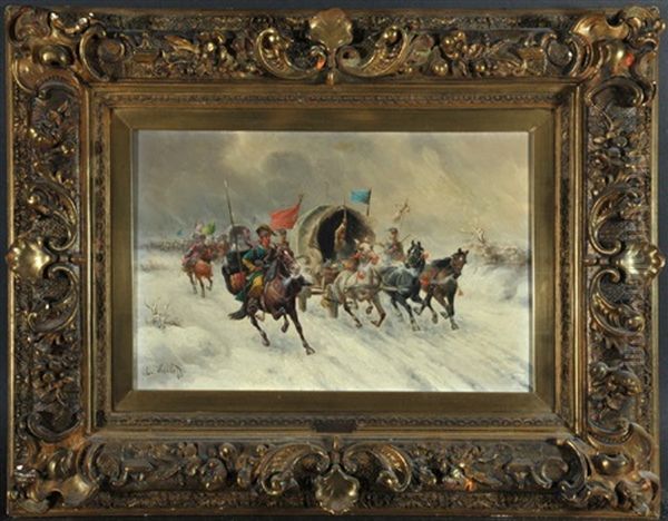 Goldtransport In Sibirien Oil Painting by Adolf (Constantin) Baumgartner-Stoiloff