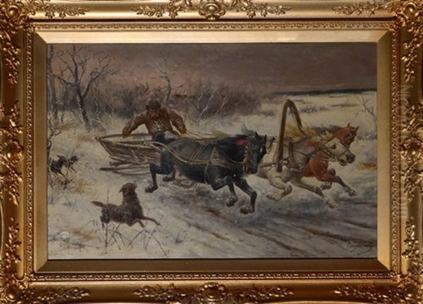 A Dog Sled Attacked By Wolves Oil Painting by Adolf (Constantin) Baumgartner-Stoiloff