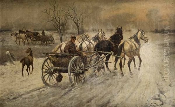 Vierspanniger Pferdewagen In Weiter Winterlicher Landschaft Oil Painting by Adolf (Constantin) Baumgartner-Stoiloff