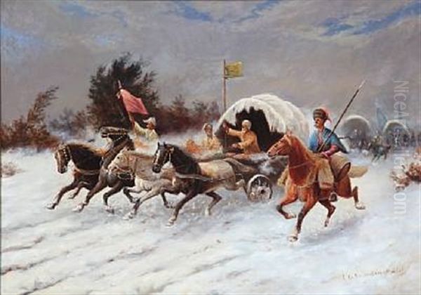 Cossacks In Caravan Oil Painting by Adolf (Constantin) Baumgartner-Stoiloff