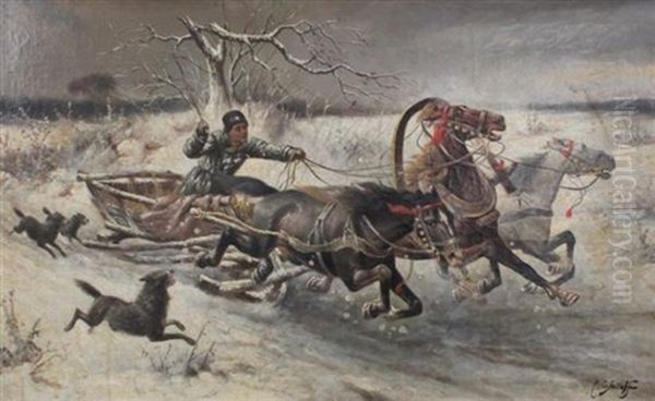 Troika Chased By Wolves Oil Painting by Adolf (Constantin) Baumgartner-Stoiloff