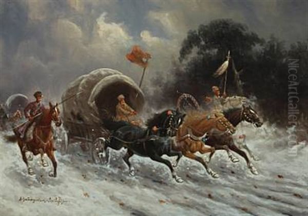 Cossacks Attacking A Caravan Oil Painting by Adolf (Constantin) Baumgartner-Stoiloff