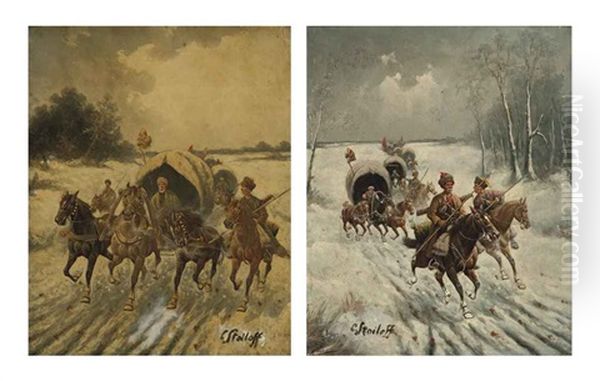 The Siberian Gold Convoy (+ Another; Pair) Oil Painting by Adolf (Constantin) Baumgartner-Stoiloff