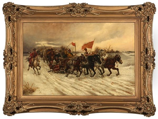 War And Peace, Russian Cossacks Riding In Winter Oil Painting by Adolf (Constantin) Baumgartner-Stoiloff