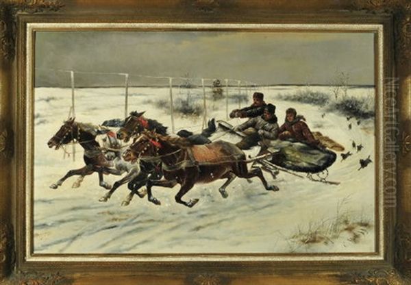 Wilde Fahrt Mit Dem Vierspannigen Schlitten In Russischer Winterlandschaft Mit Hunden Im Gefolge by Adolf (Constantin) Baumgartner-Stoiloff