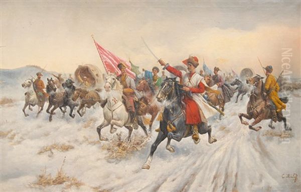 Attacking Cossacks Oil Painting by Adolf (Constantin) Baumgartner-Stoiloff