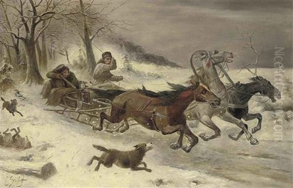 Running From The Wolves Oil Painting by Adolf (Constantin) Baumgartner-Stoiloff