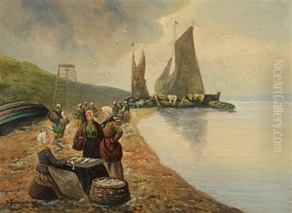 Coastal Scene With A Fisherman's Wife Selling Fish Oil Painting by Adolf (Constantin) Baumgartner-Stoiloff