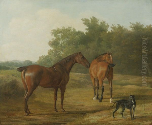 Two Horses And A Greyhound In A Landscape Oil Painting by Jacques Laurent Agasse