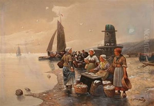 Fishermens' Wives On A Beach Oil Painting by Adolf (Constantin) Baumgartner-Stoiloff